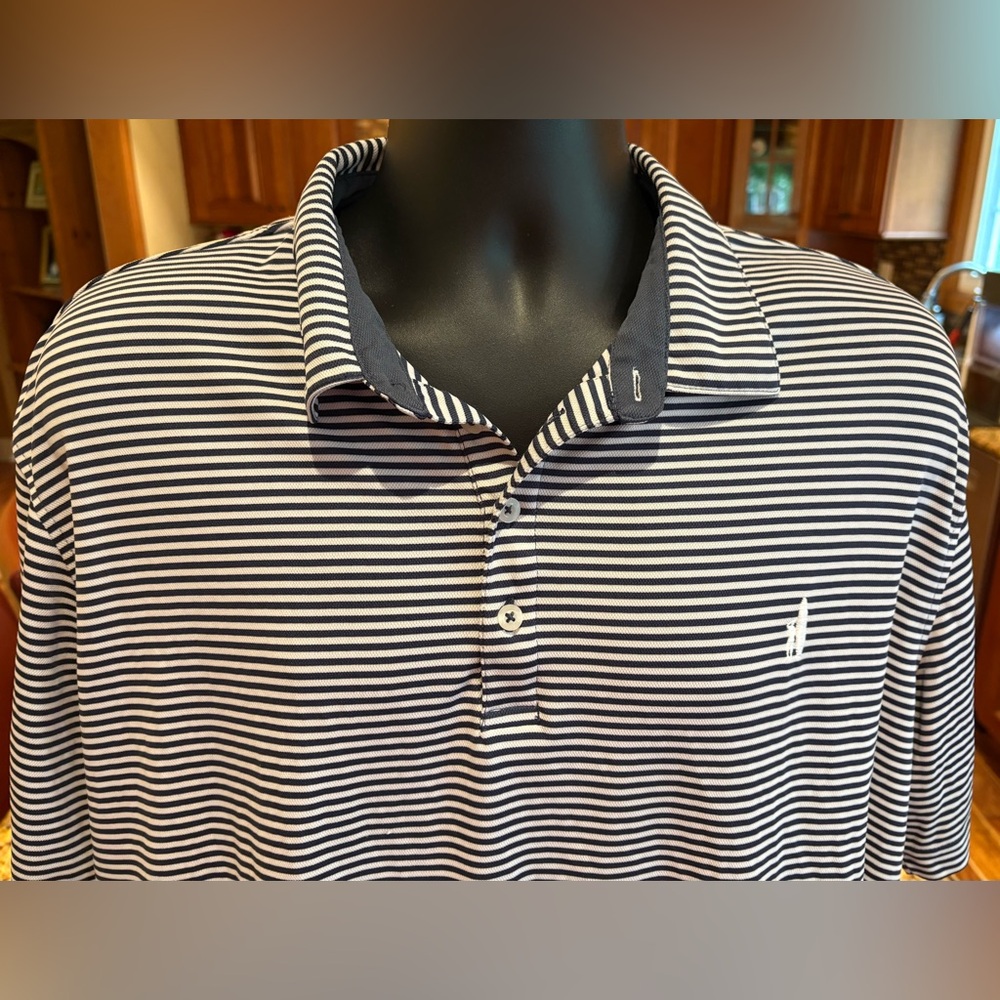 johnnie-O men’s golf polo.‎ Sharp blue/White Striped Polo w/logos. Retail: $98